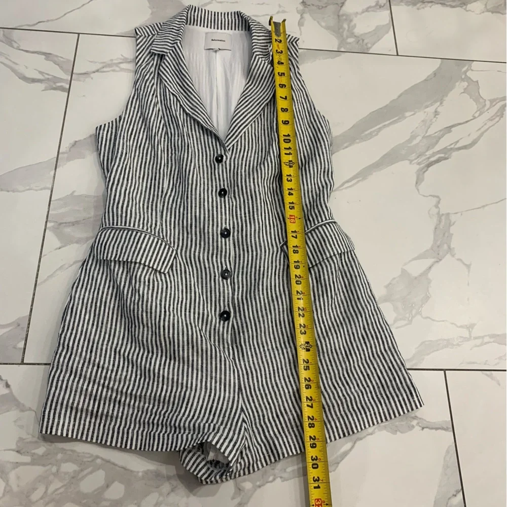 Reformation Romper 6 Linen In Vineyard Stripped Button Front Adjustable waist